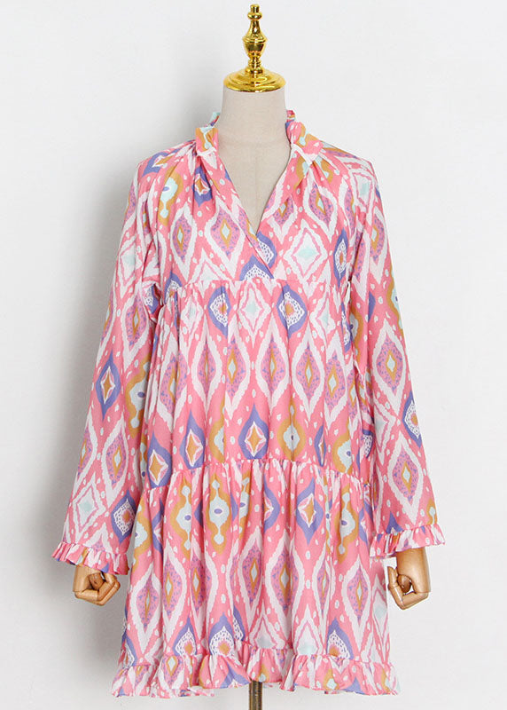 Green V Neck Ruffled Patchwork Print Top Long Sleeve