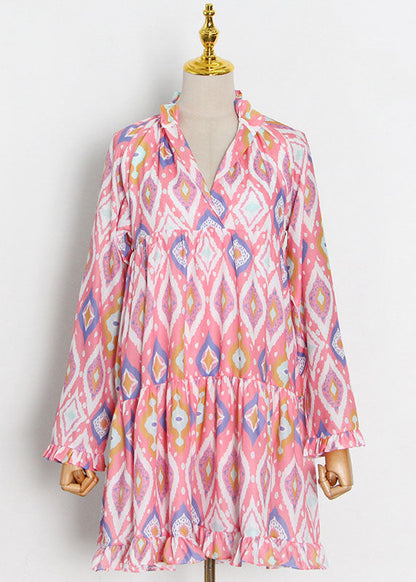 Green V Neck Ruffled Patchwork Print Top Long Sleeve