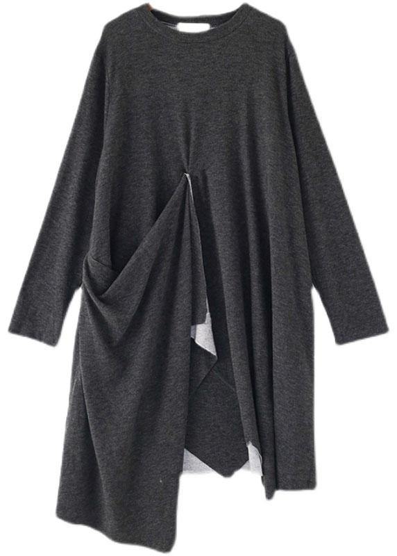 French Grey O-neck Patchwork Fall Dress Long Sleeve