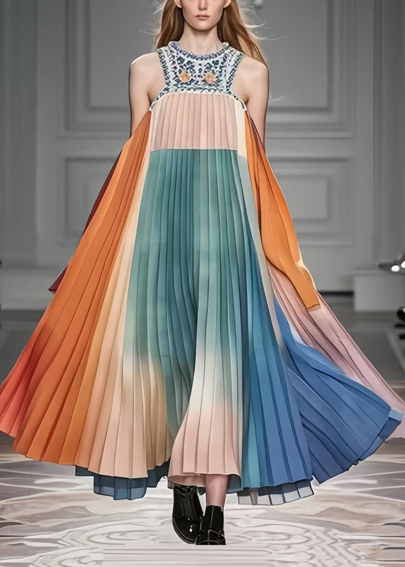 French Cold Shoulder Patchwork Exra Large Hem Chiffon Pleated Dress Summer