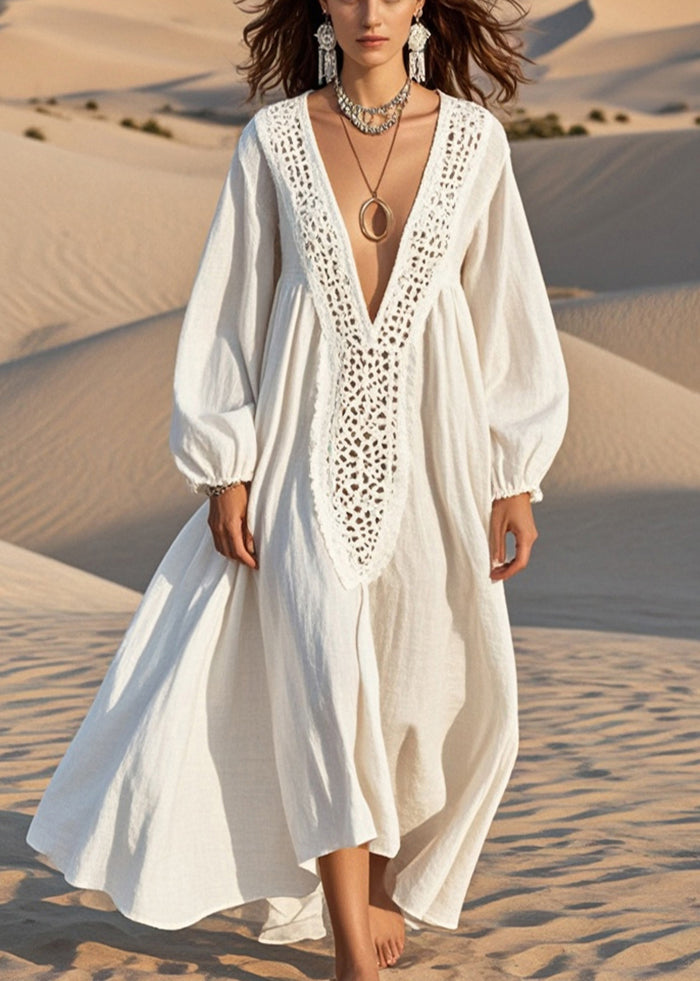 Unique White Oversized Hollow Out Cotton Maxi Dress Spring