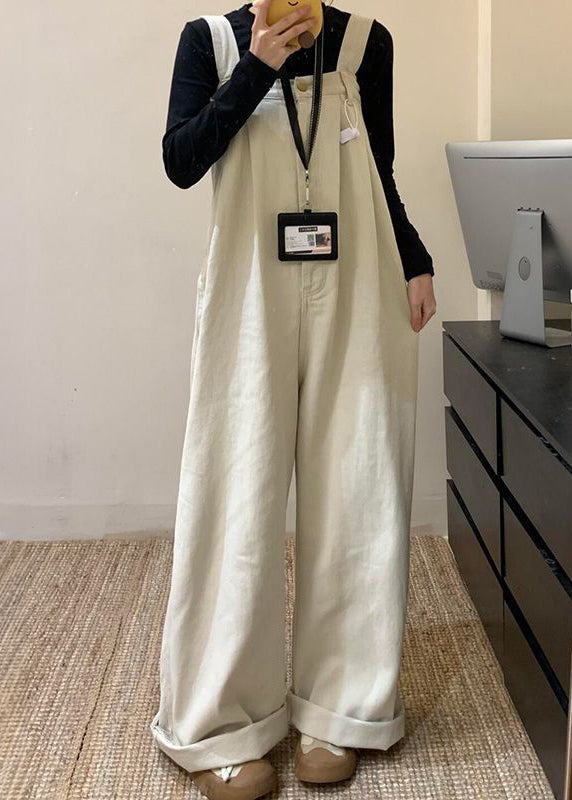 Beige Denim Wide Leg Jumpsuit High Waist Summer