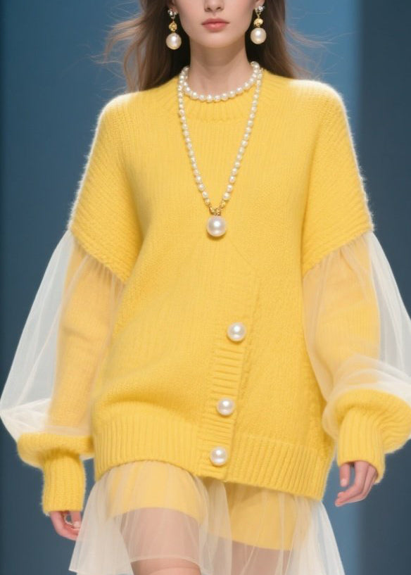 Yellow O Neck Tulle Patchwork Knit Dress Fall