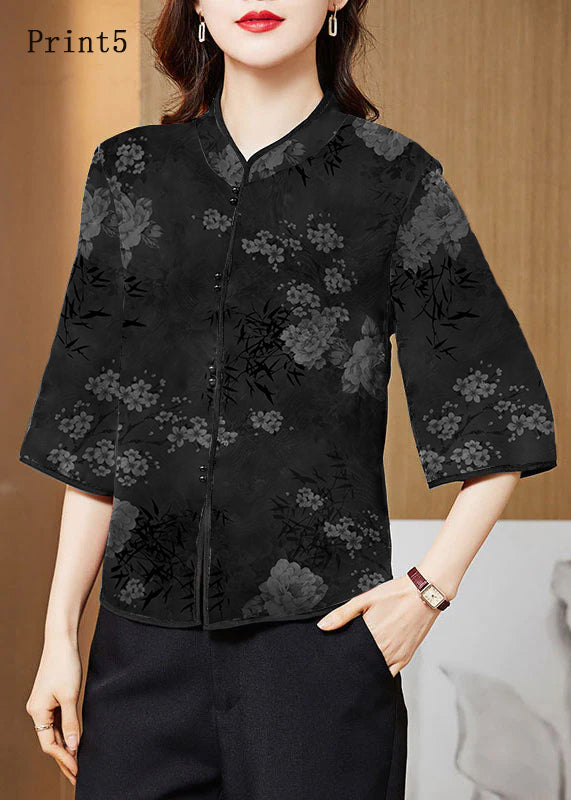 White Text Mandarin Collar Print Silk Shirt Tops Half Sleeve