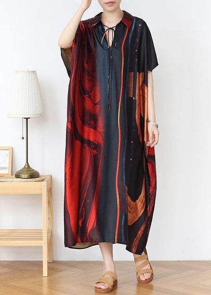 Natural Red Print Peter Pan Collar Summer Chiffon Dress