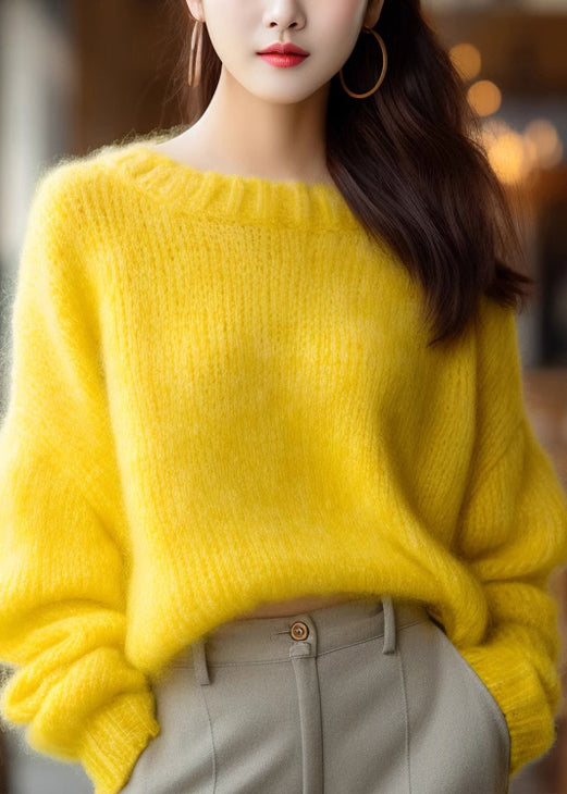 Simple Yellow O Neck Knit Sweater Winter