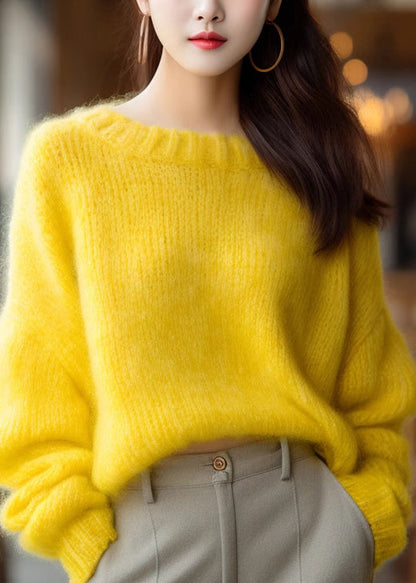 Simple Yellow O Neck Knit Sweater Winter