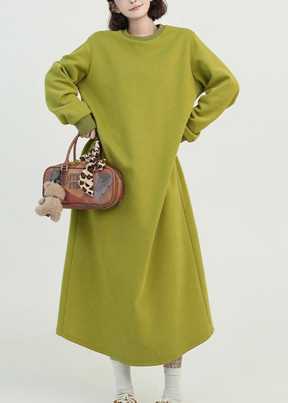 Green O Neck Long Cotton Straight Dress Fall