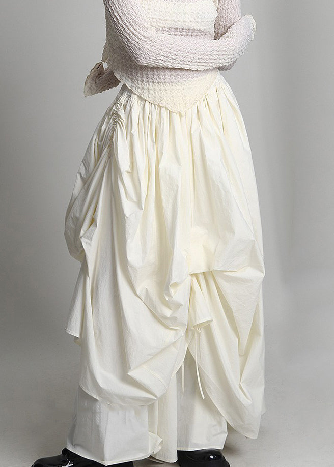 Beige Lace Up Wrinkled Elastic Waist Cotton Skirt Spring