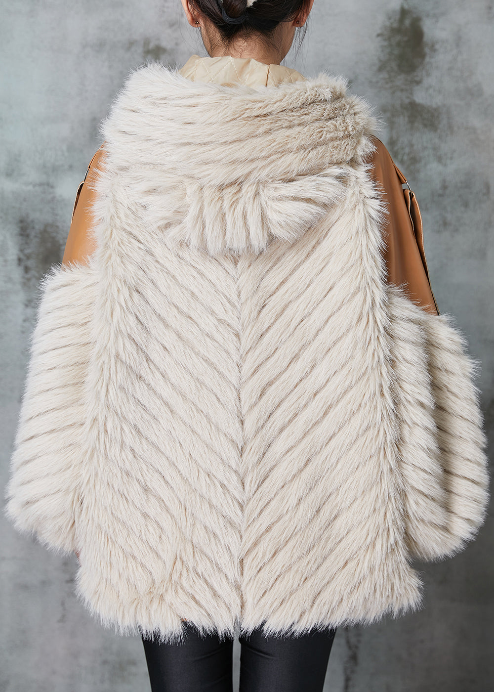 Handmade Apricot Hooded Patchwork Faux Leather and Fur Jacket Winter