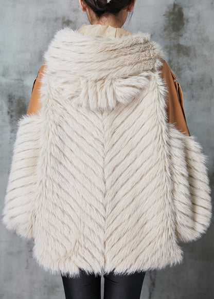Handmade Apricot Hooded Patchwork Faux Leather and Fur Jacket Winter