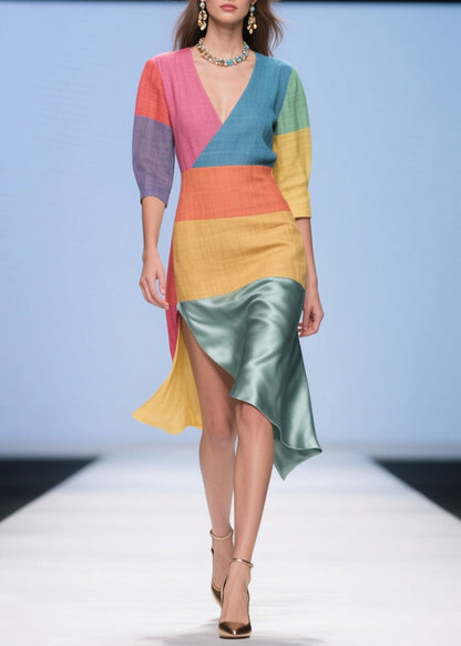 Italian Multicolored Asymmetrical Patchwork Linen Silk Dress Summer