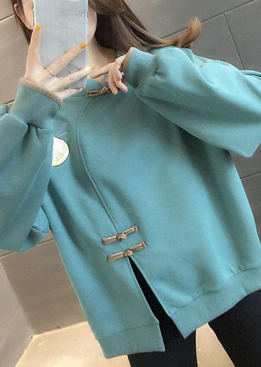 Simple Light Green Button Print Side Open Fall Pullover Street Wear