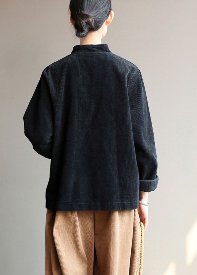 Black Stand Collar Oriental Button Corduroy Coat Spring