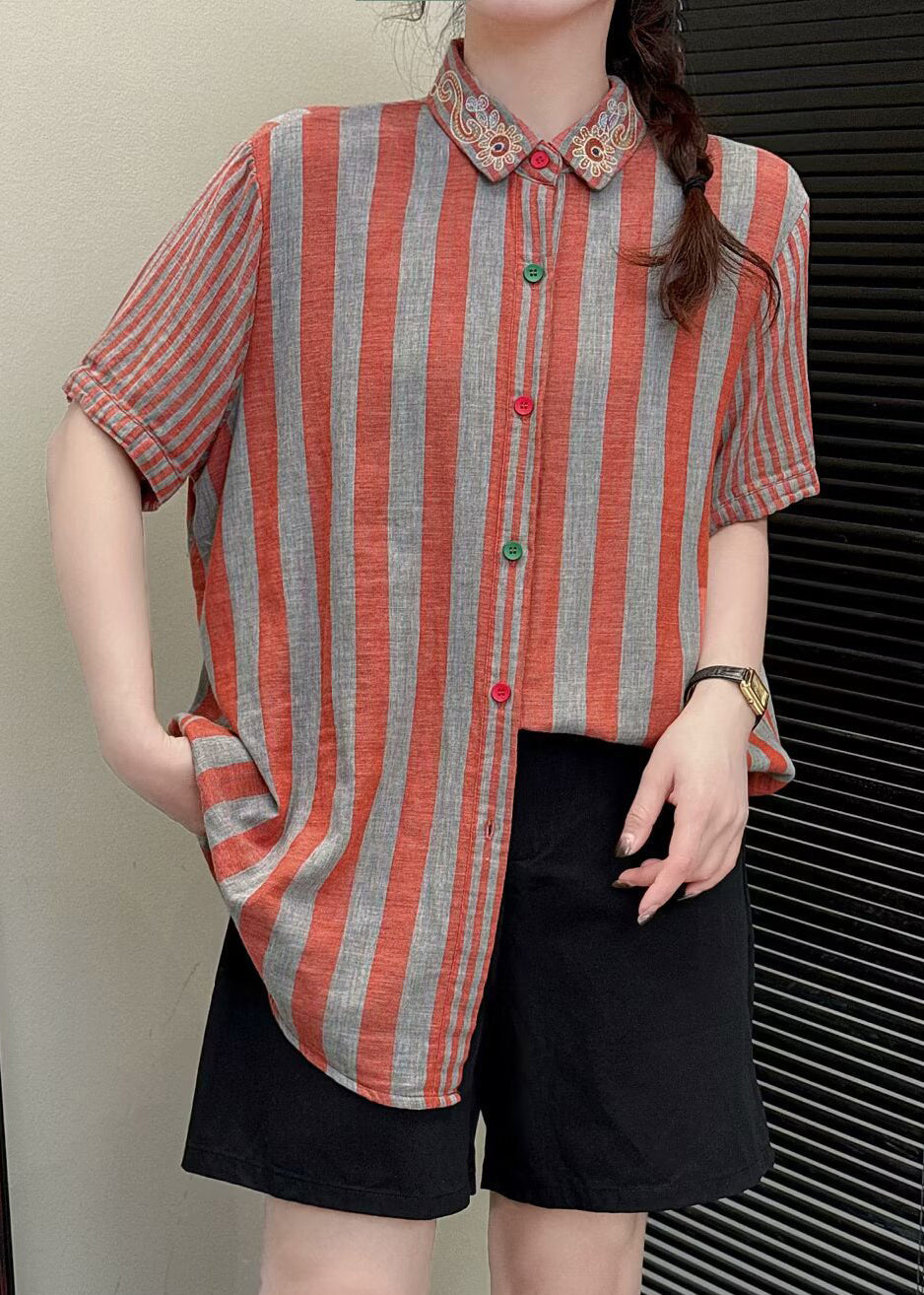 Orange Embroidered Striped Linen Blouses Summer