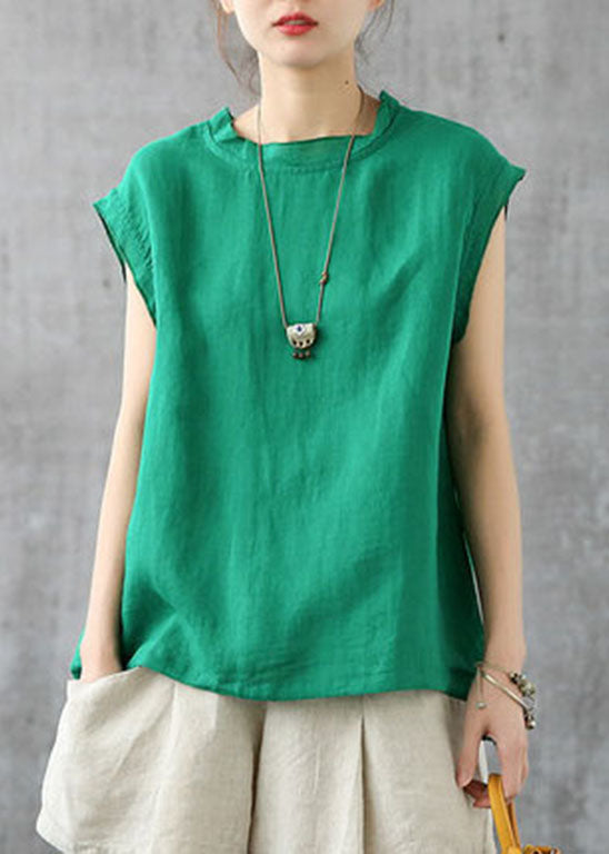 Black Plaid Drawstring Turtle Neck Linen Tank Short Sleeve