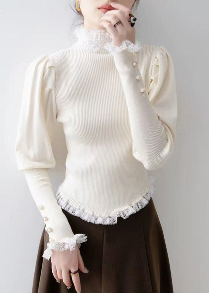 Italian White Silm Fit Patchwork Lace Knitted Tops Winter