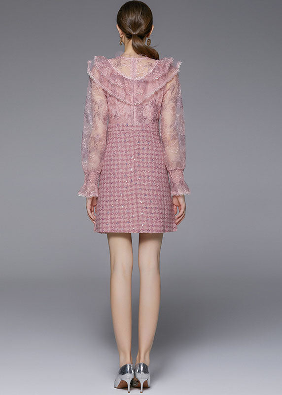 Pink Sequins Embroideried Patchwork Ruffles Dress Fall