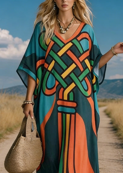 Loose V Neck Print Cotton Maxi Dresses Batwing Sleeve