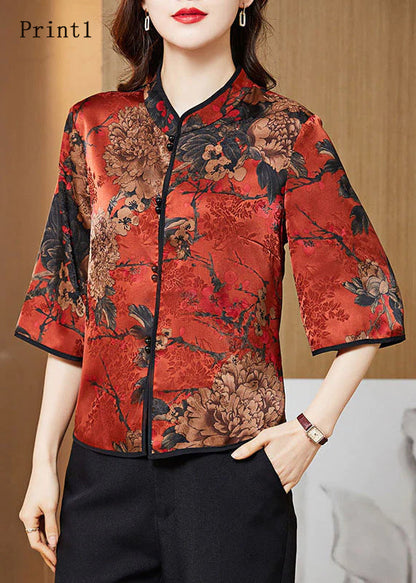 White Geometry Mandarin Collar Print Silk Shirt Tops Half Sleeve