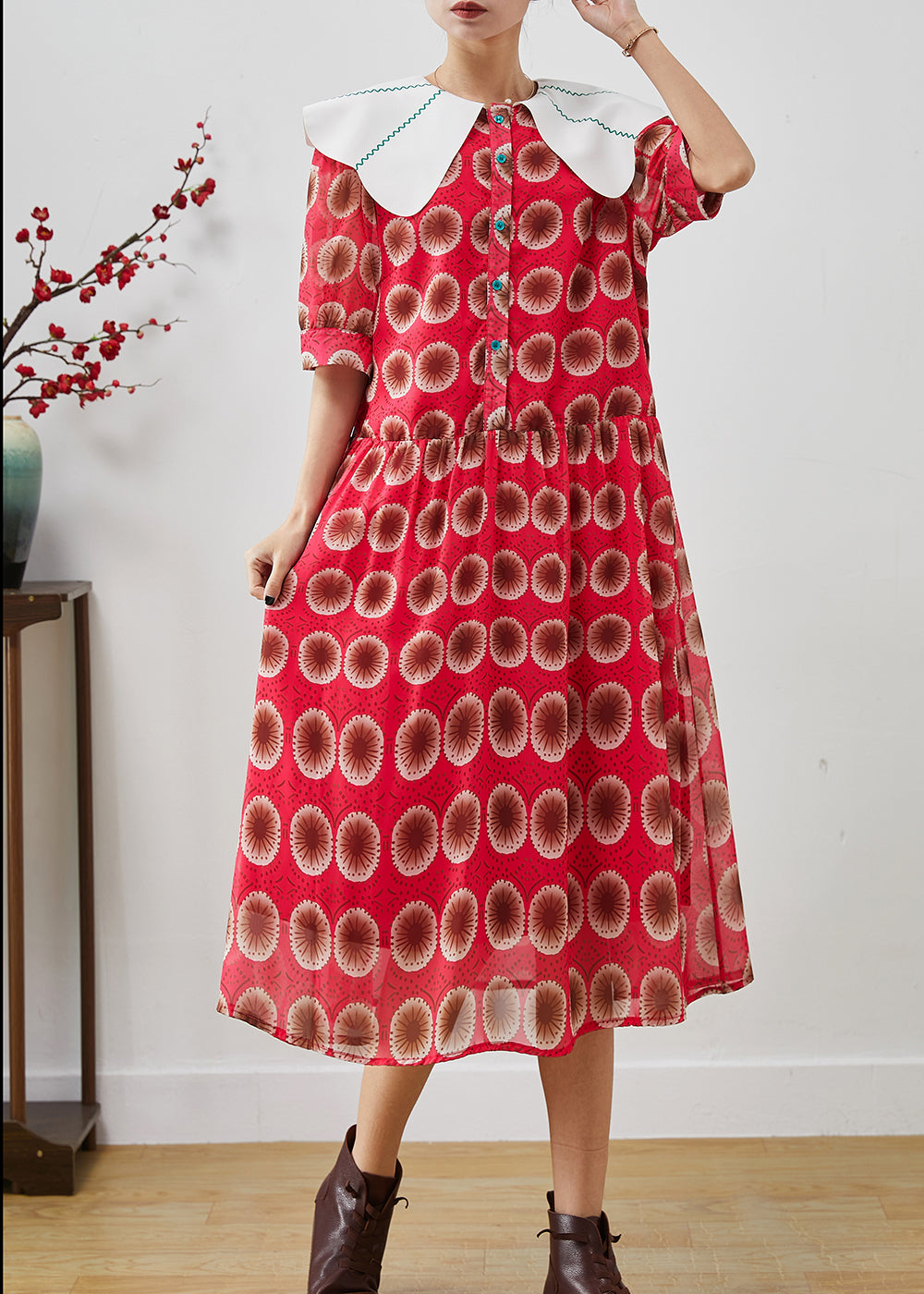 Red Peter Pan Collar Print Chiffon Long Dress Summer