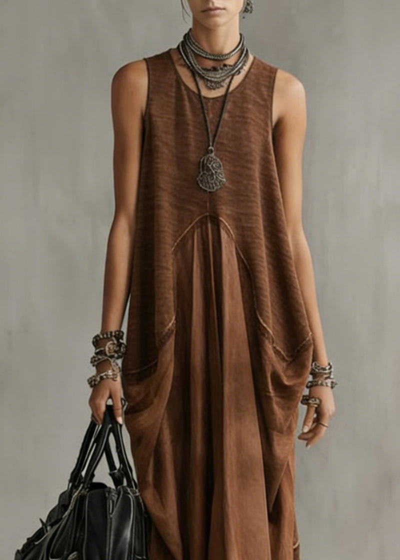 Natural Khaki O-neck Patchwork Long Dress Summer