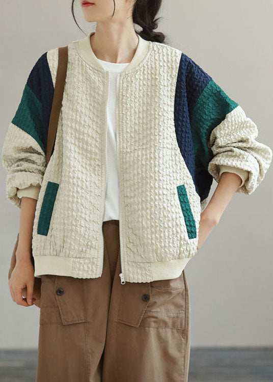 Street Beige Patchwork Zippered Fall Coat