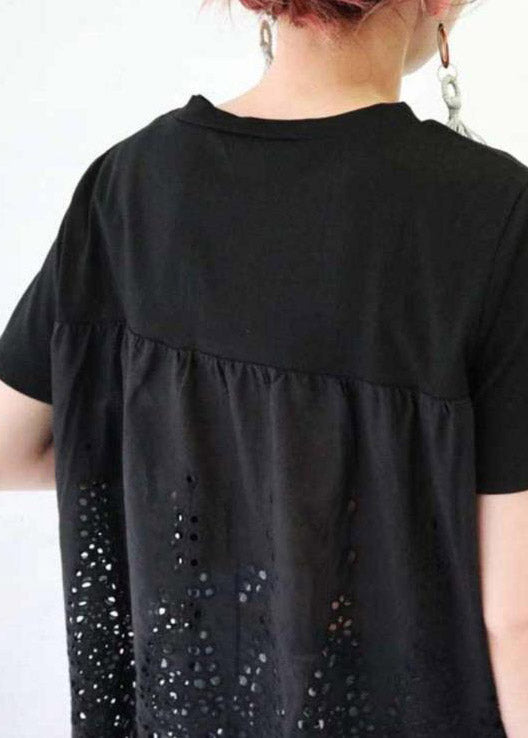 Black O-neck Hollow Out Cotton T Shirt Short Sleeve
