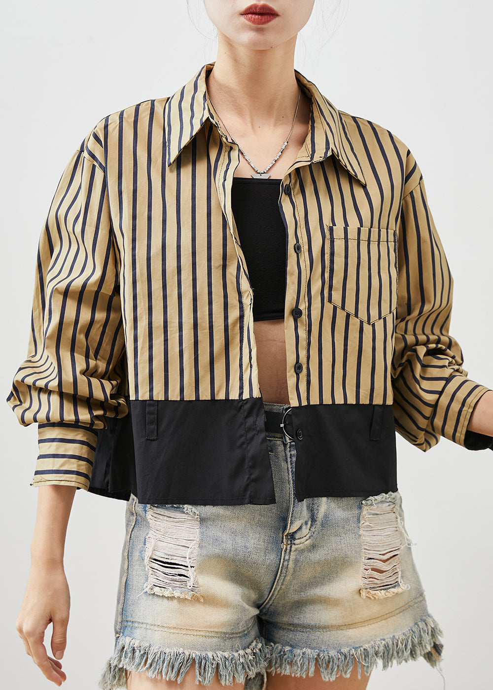 Diy Khaki Striped Patchwork Cotton Blouses Spring