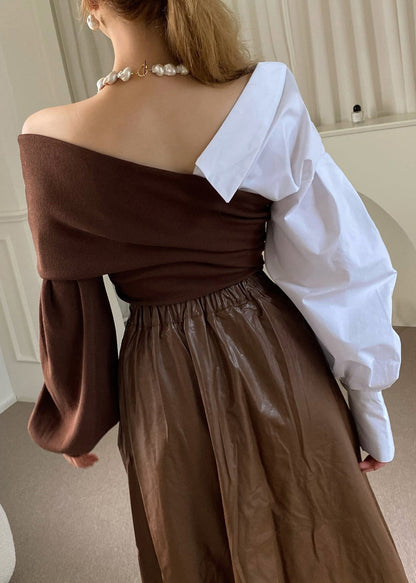 Brown Asymmetrical Patchwork Cotton Knit Top Fall