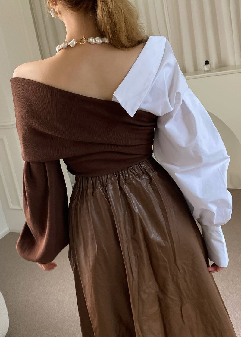 Brown Asymmetrical Patchwork Cotton Knit Top Fall