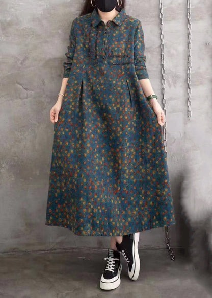 Blue Peter Pan Collar Print Wrinkled Button Long Shirts Dress Spring