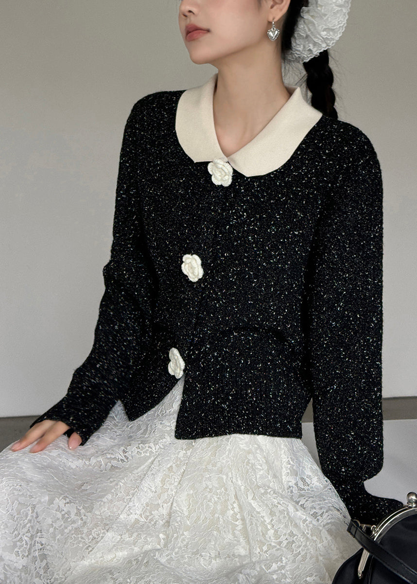 French Black Peter Pan Collar Button Knit Cardigan Fall