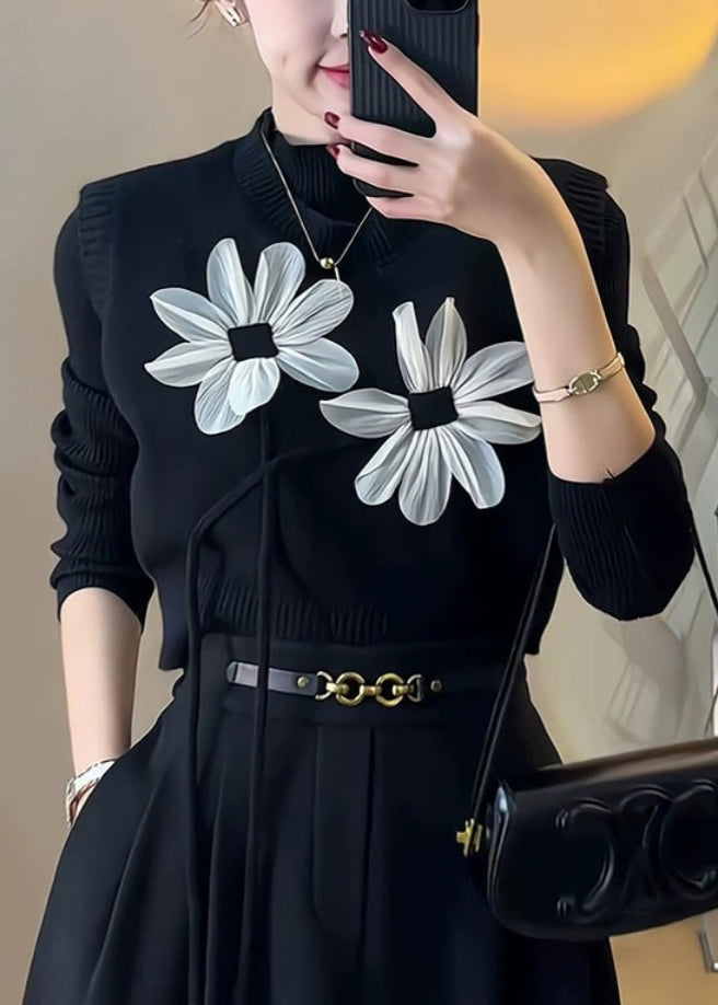 Black O Neck Pockets Patchwork Three Pieces Set Waistcoat Sleeveless