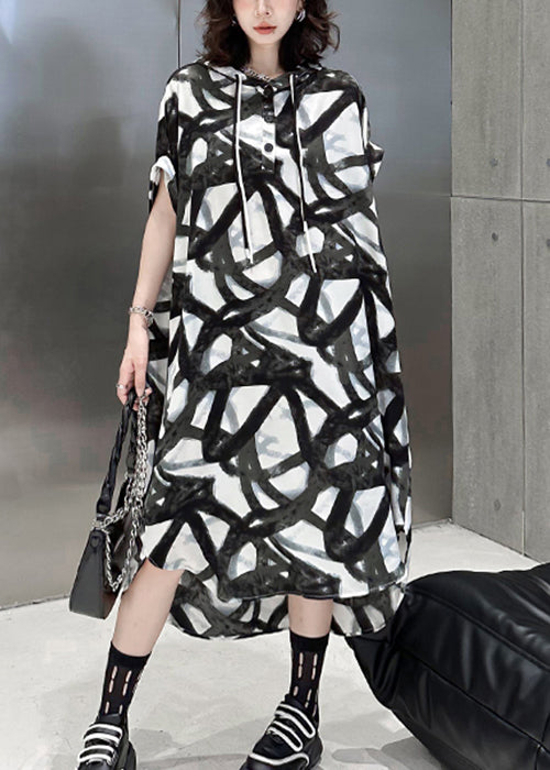 Black Hooded Print Patchwork Silk Cotton Long Dress Summer