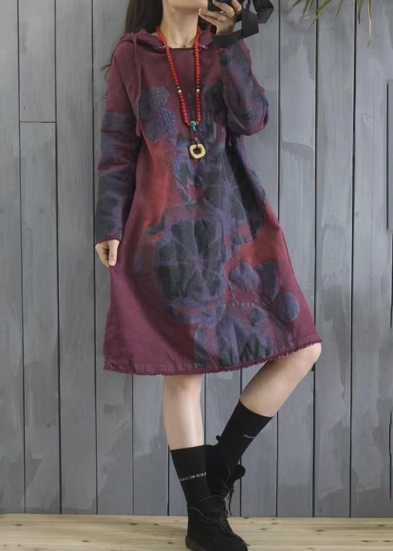 Purple Hooded Print Patchwork Cotton Dress Spring
