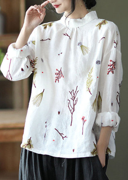 White Linen Stand Collar Shirt Top Long Sleeve