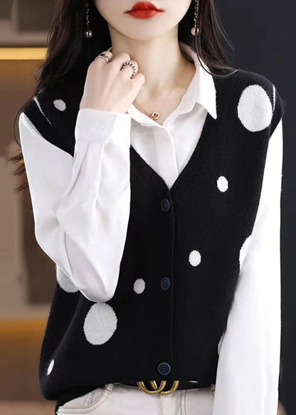 Camel V Neck Dot Patchwork Woolen Vest Tops Sleeveless