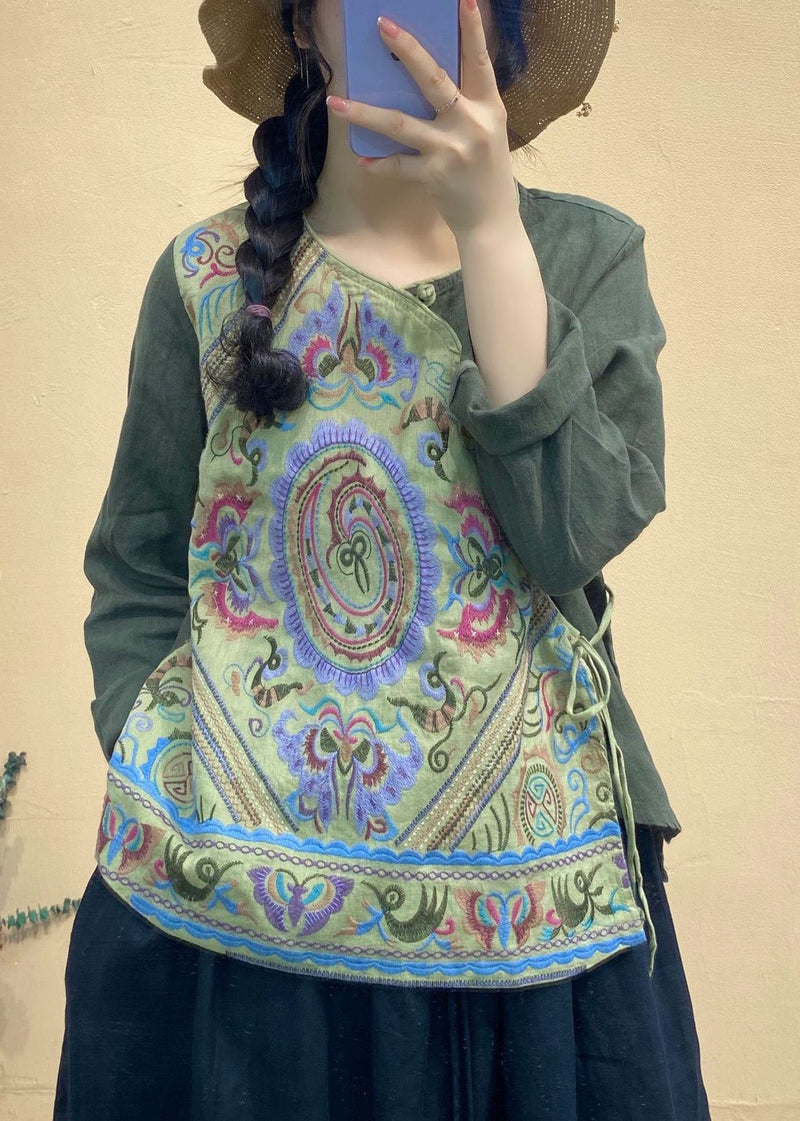 Army Green Embroideried Linen Tops Asymmetrical Long Sleeve