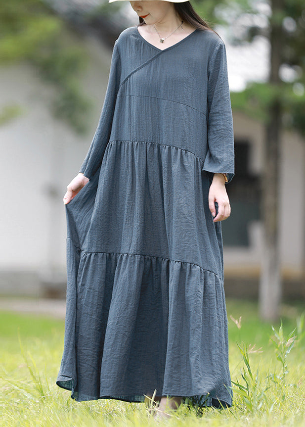 Blue V Neck Patchwork Cotton Long Dresses Spring