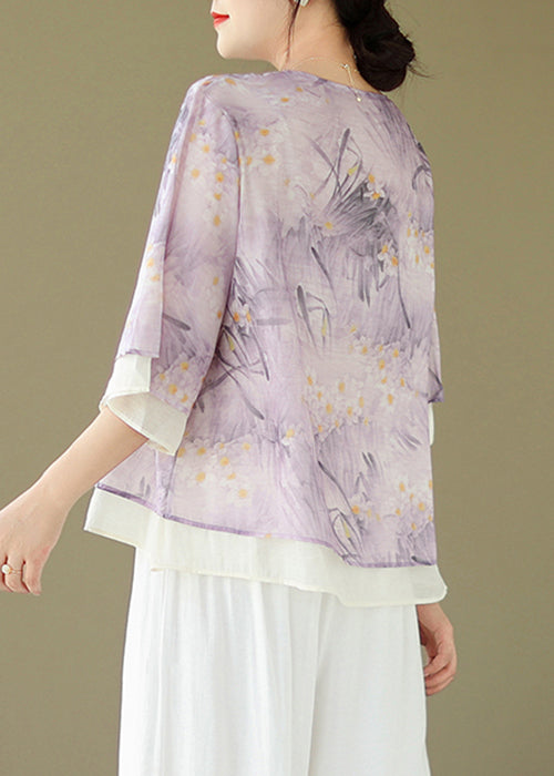 Purple V Neck Button Print Cotton Shirt Flare Sleeve