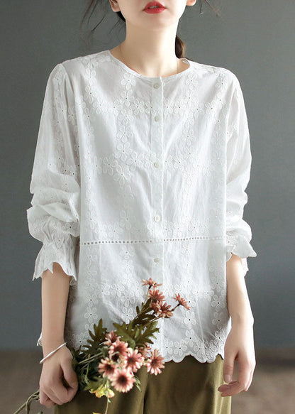 Diy White O Neck Patchwork Embroideried Cotton Blouses Spring