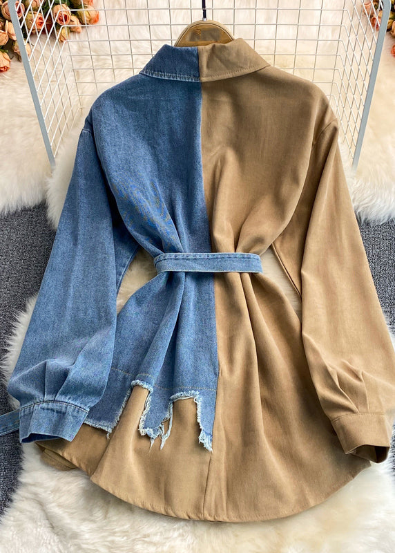 Khaki Peter Pan Collar Patchwork Button Denim Top Spring