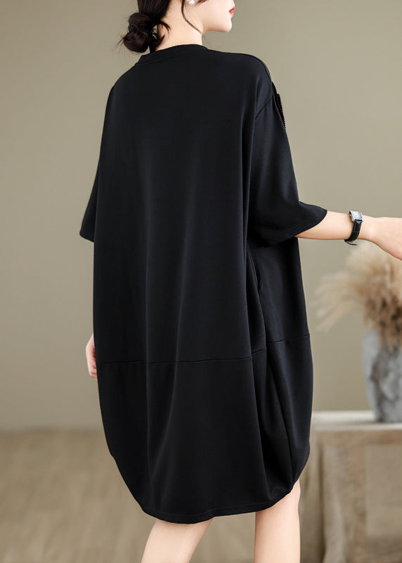 French Black O-neck Wrinkled Cotton Long Dresses Summer