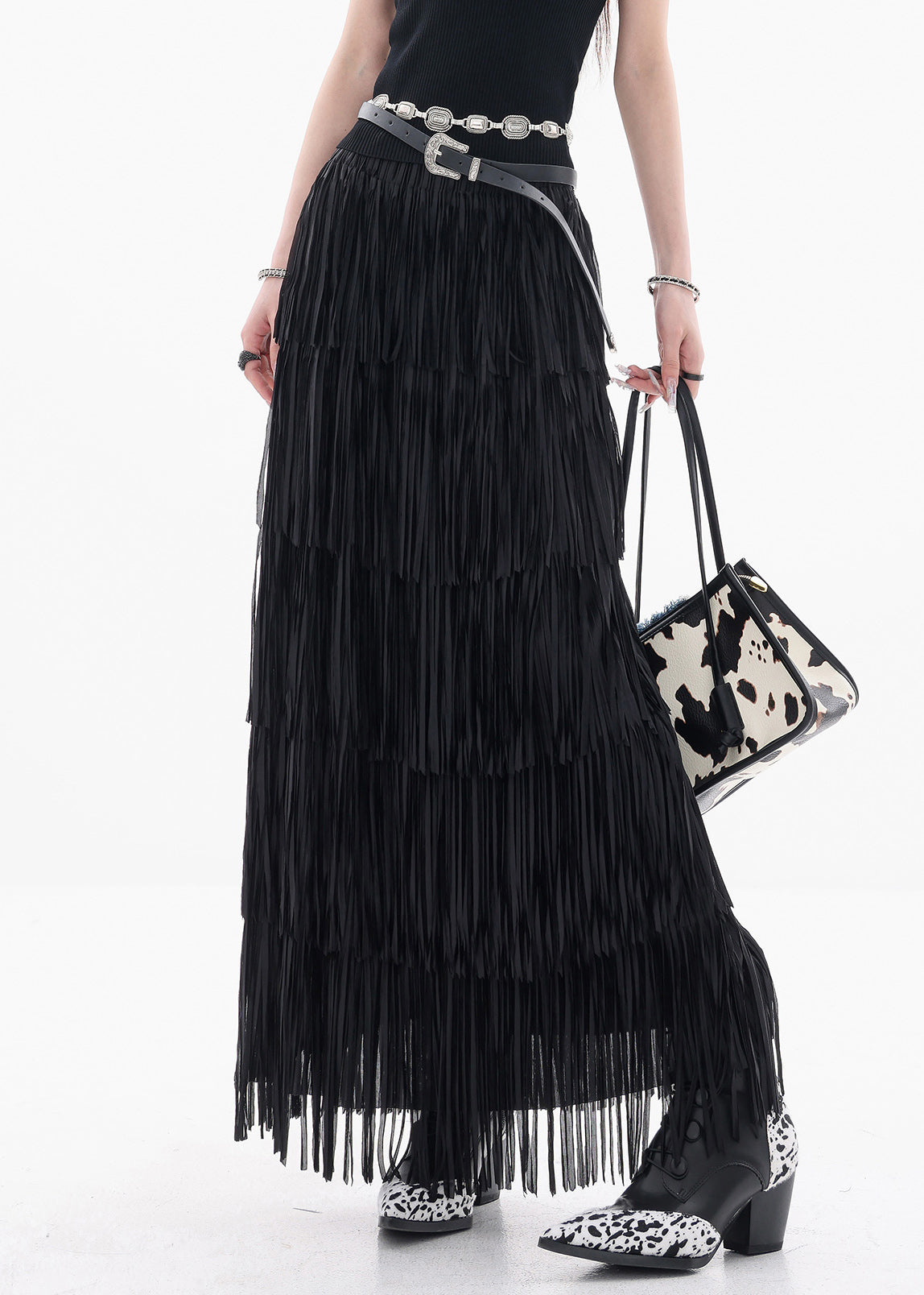 Fine Black Tasseled Elastic Waist Cotton Skirts Summer
