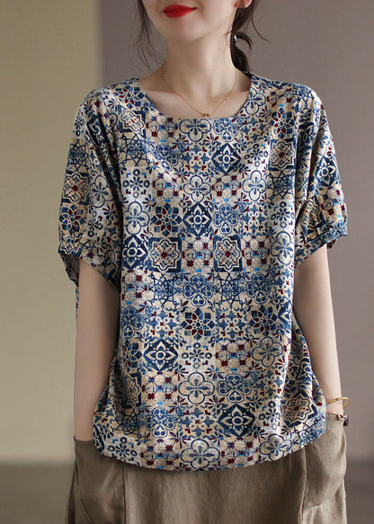 Blue O-neck Original Design Print Linen Tank Short Sleeve