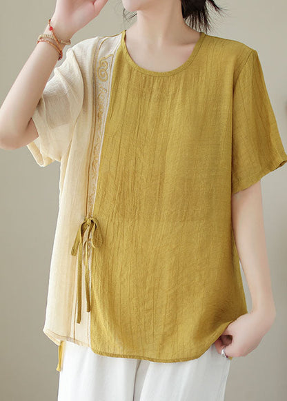 Yellow Embroideried Patchwork Cotton Shirt Top Summer