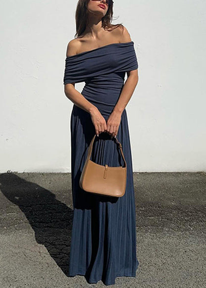 Navy Wrinkled Long Dresses Slash Neck Summer