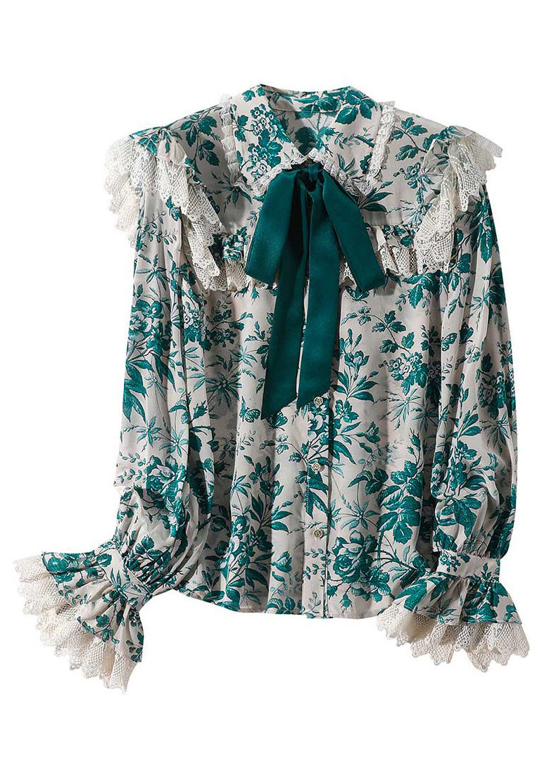 Green Peter Pan Collar Print Button Silk Shirt Long Sleeve