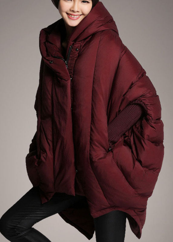 Mulberry Hooded Zippered Cloak Sleeves Winter Duck Down Coat
